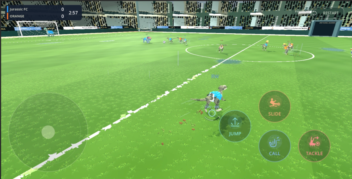Partido de Jurassic FC con controles táctiles de movimiento y acciones.